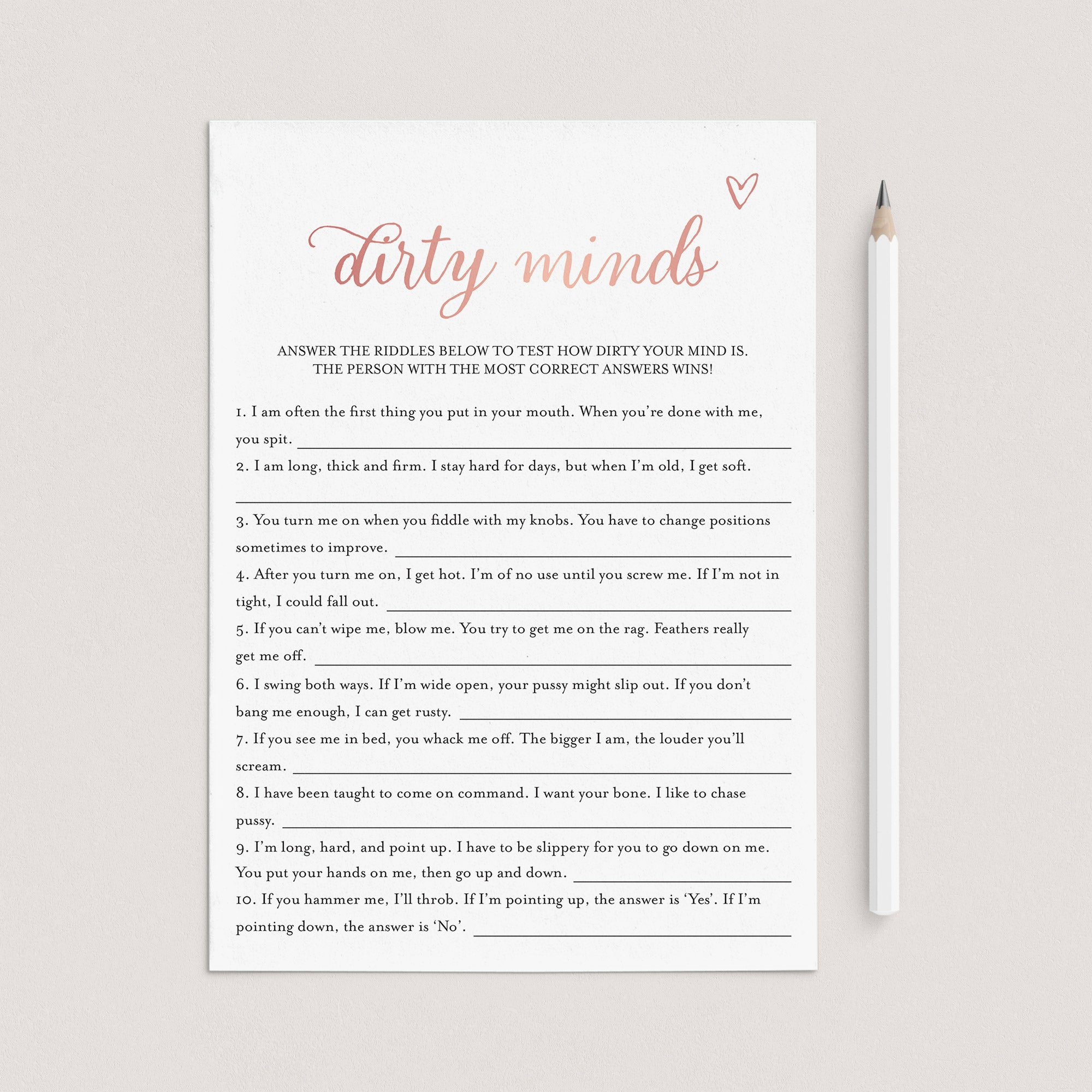 Dirty Minds Bachelorette Game Rose Gold Printable by LittleSizzle