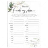 Greenery and Gold Theme Birthday Party Game Finish My Phrase Printable by LittleSizzle