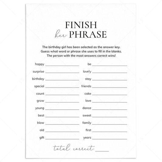 Group Birthday Party Game Finish Her Phrase Printable by LittleSizzle