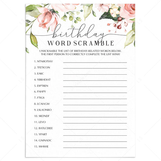 Blush Floral Birthday Word Scramble Printable by LittleSizzle