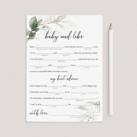 Gold Green Baby Shower Games Mad Libs Cards Printable by LittleSizzle