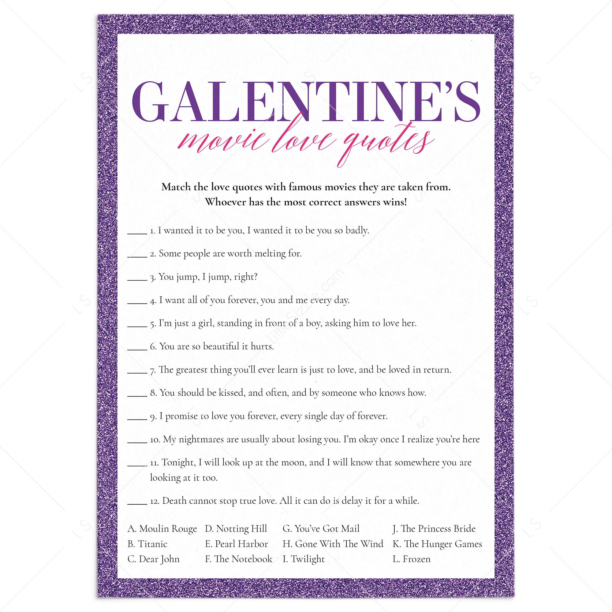Galentine's Movie Trivia with Answer Key by LittleSizzle