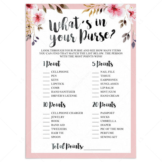 What's in your purse baby shower game pink floral by LittleSizzle