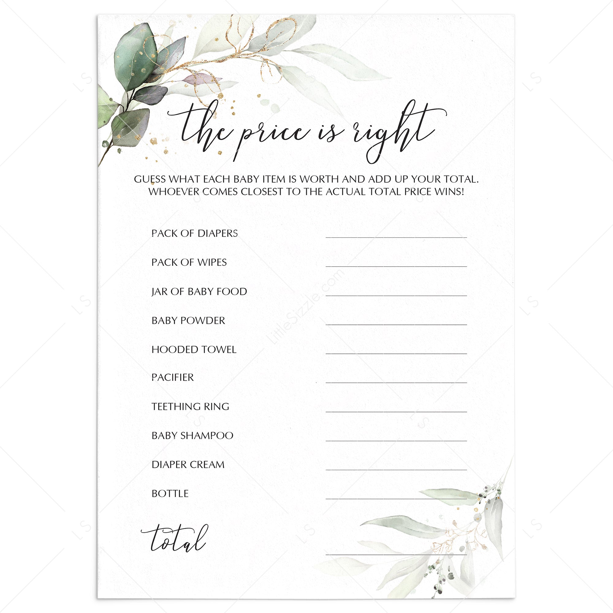 Price Right Baby Shower Game Printable Greenery Gold by LittleSizzle