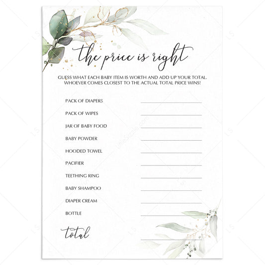 Price Right Baby Shower Game Printable Greenery Gold by LittleSizzle