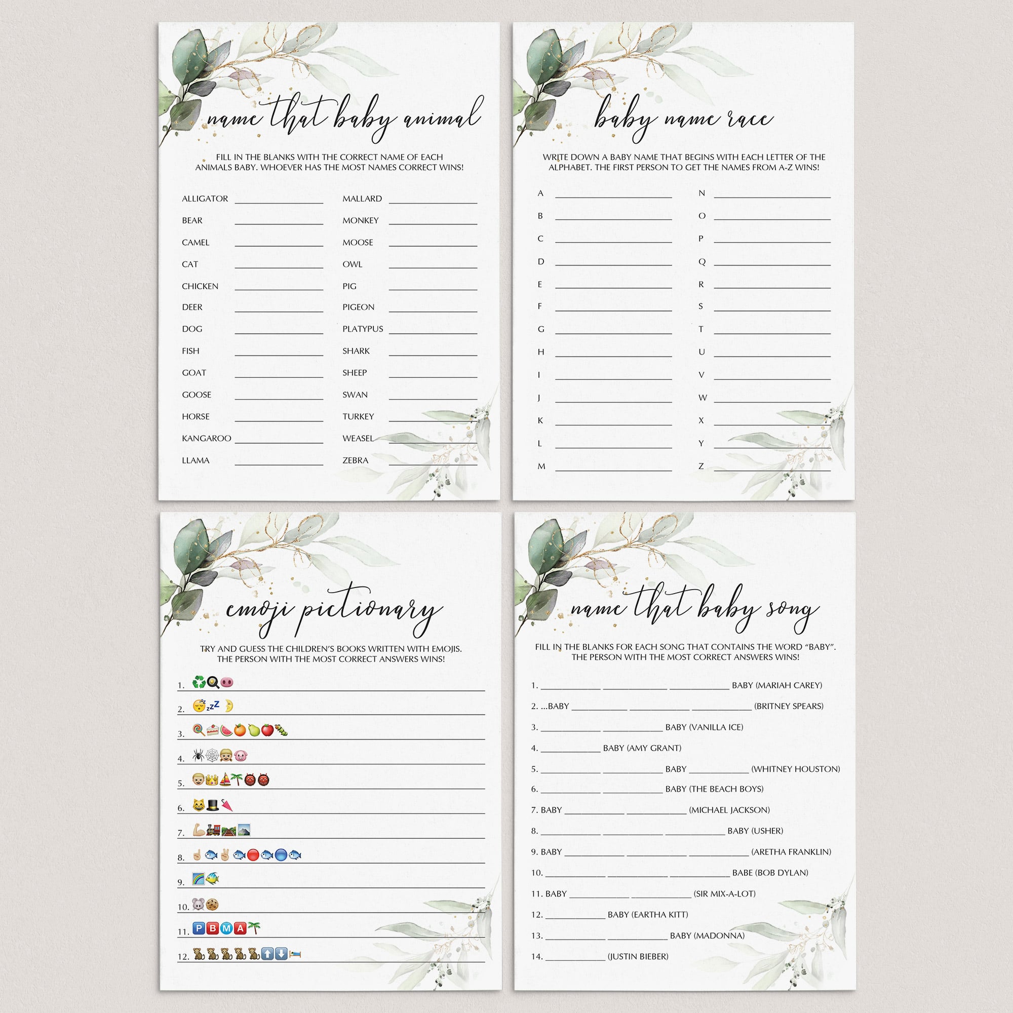 Chic Baby Shower Games Printable Watercolor Greenery and Gold by LittleSizzle