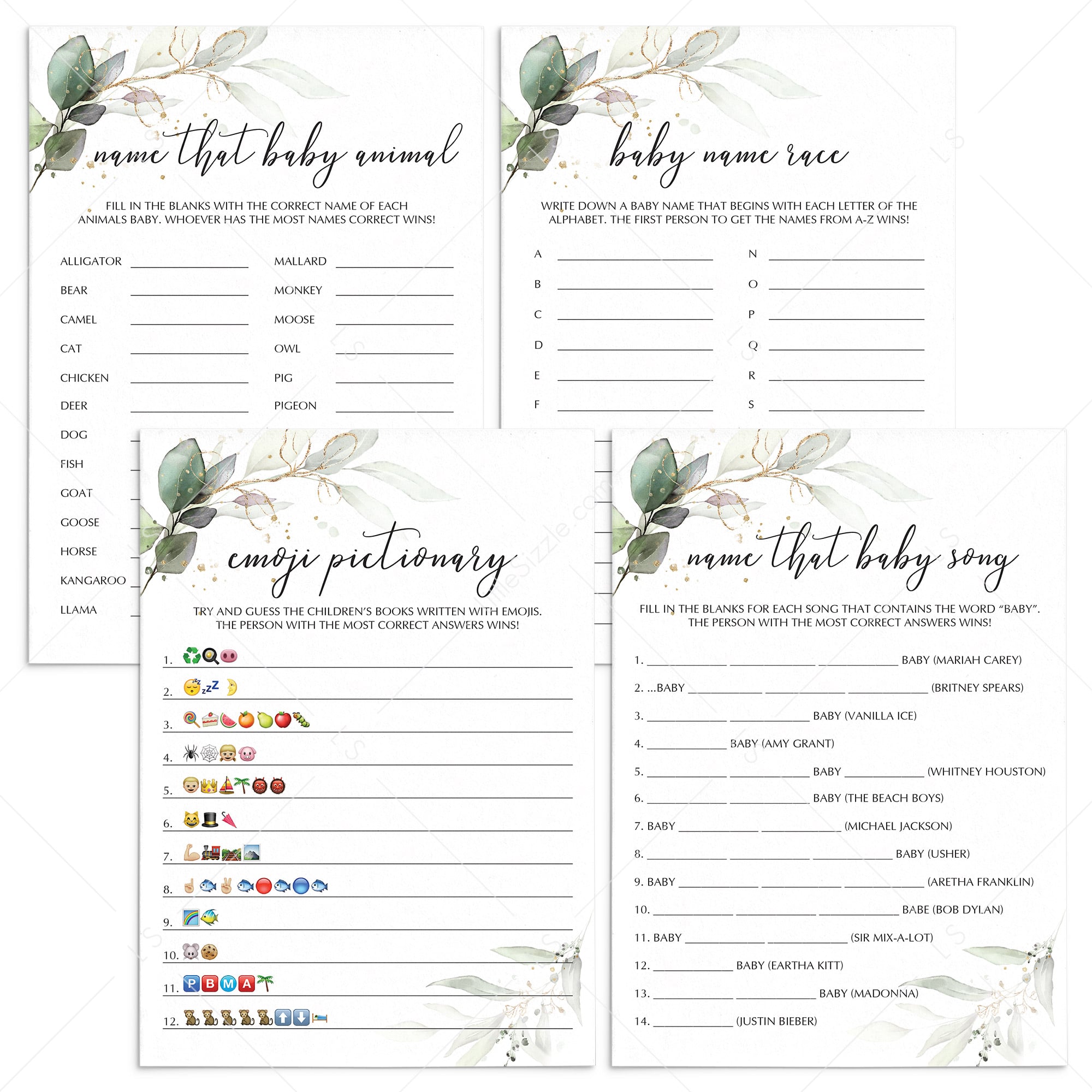 Chic Baby Shower Games Printable Watercolor Greenery and Gold by LittleSizzle