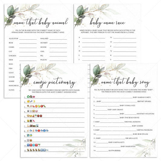 Chic Baby Shower Games Printable Watercolor Greenery and Gold by LittleSizzle