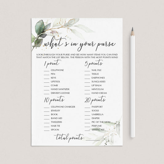 Greenery Gold Baby Shower Game What's In Your Purse by LittleSizzle