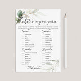 Greenery Gold Baby Shower Game What's In Your Purse by LittleSizzle