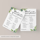 Whats On Your Phone Birthday Game Printable Eucalyptus Greenery