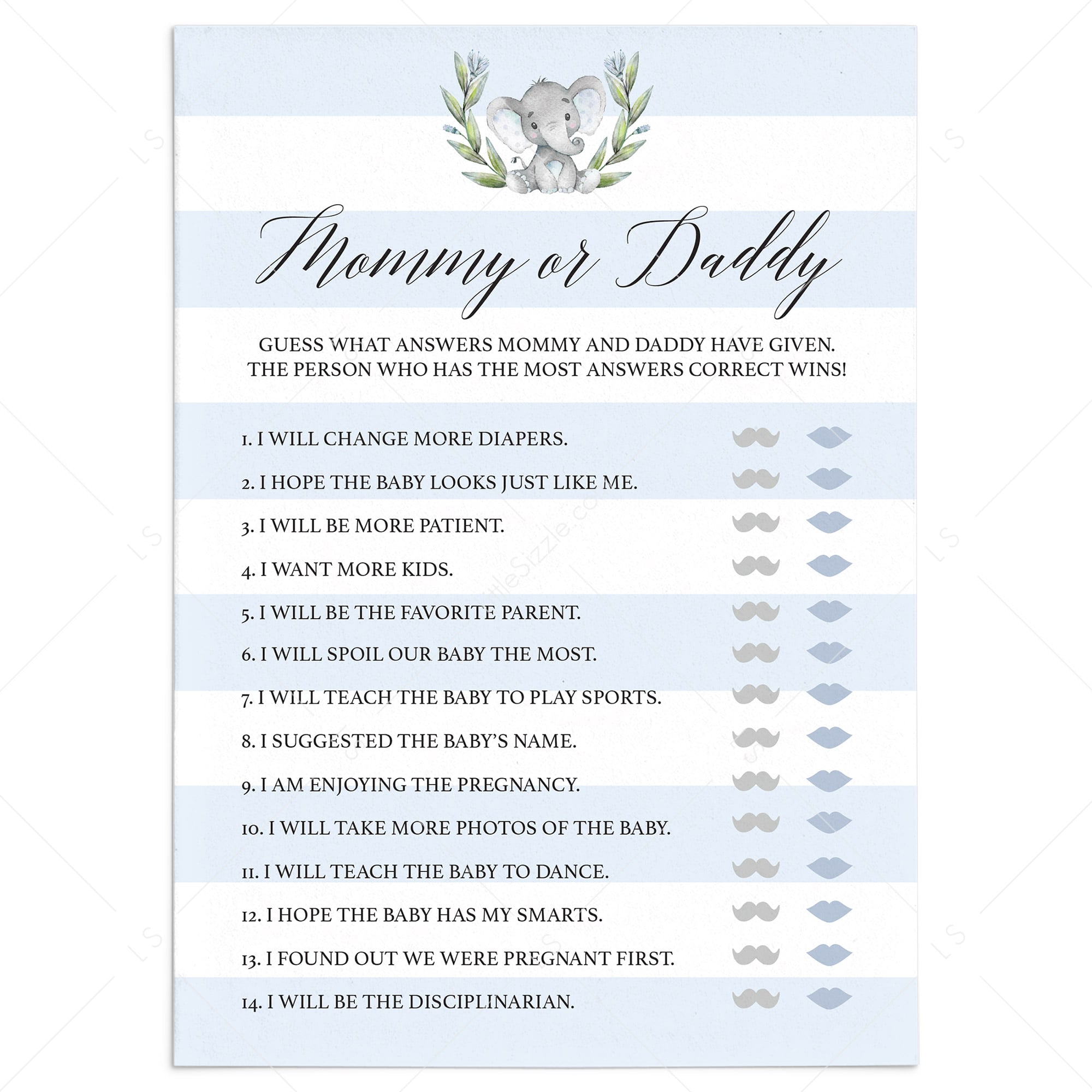 Elephant theme baby shower mommy or daddy quiz printable by LittleSizzle