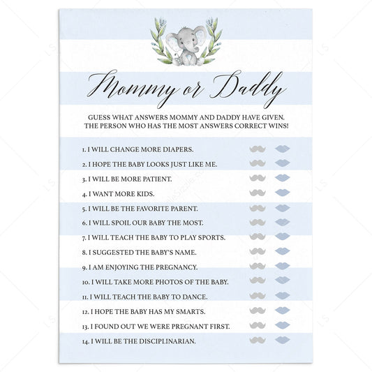 Elephant theme baby shower mommy or daddy quiz printable by LittleSizzle