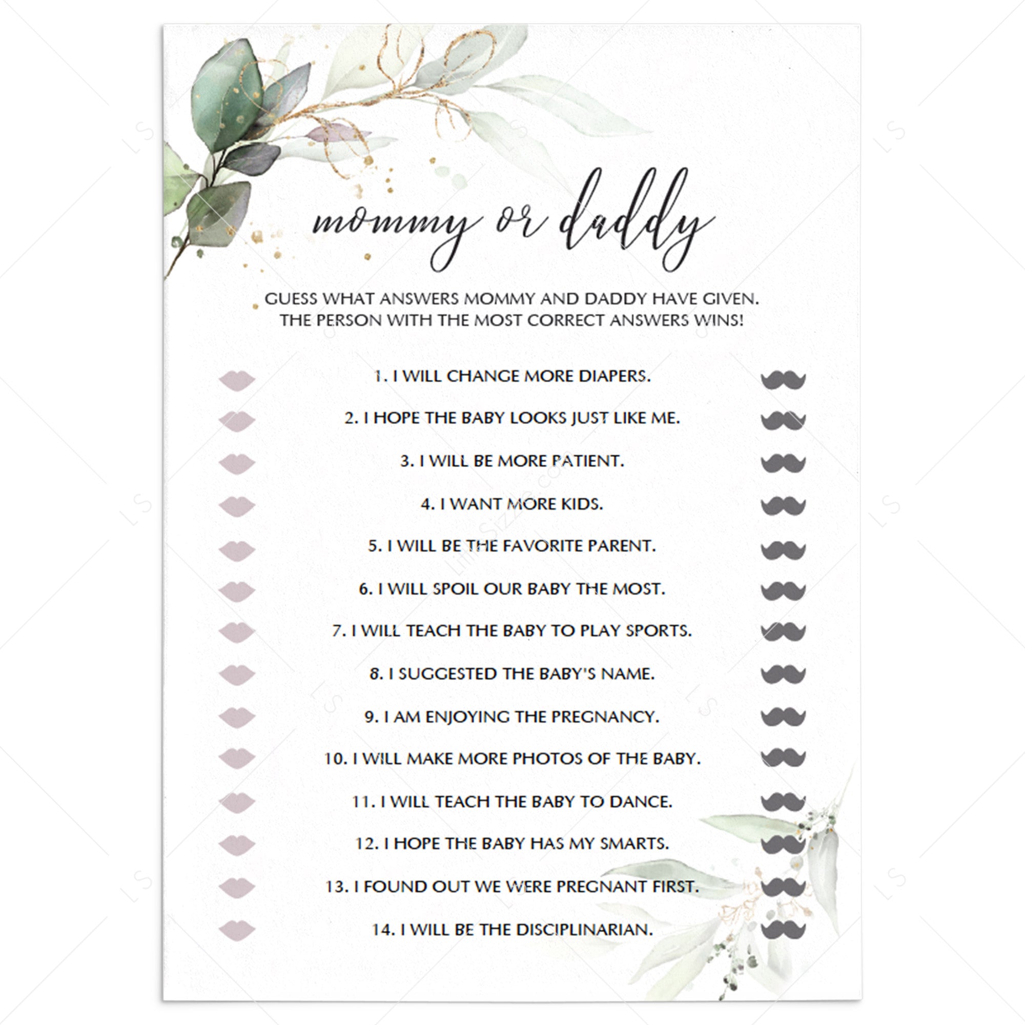 Mommy or Daddy Game Template for Greenery Gold Baby Shower by LittleSizzle