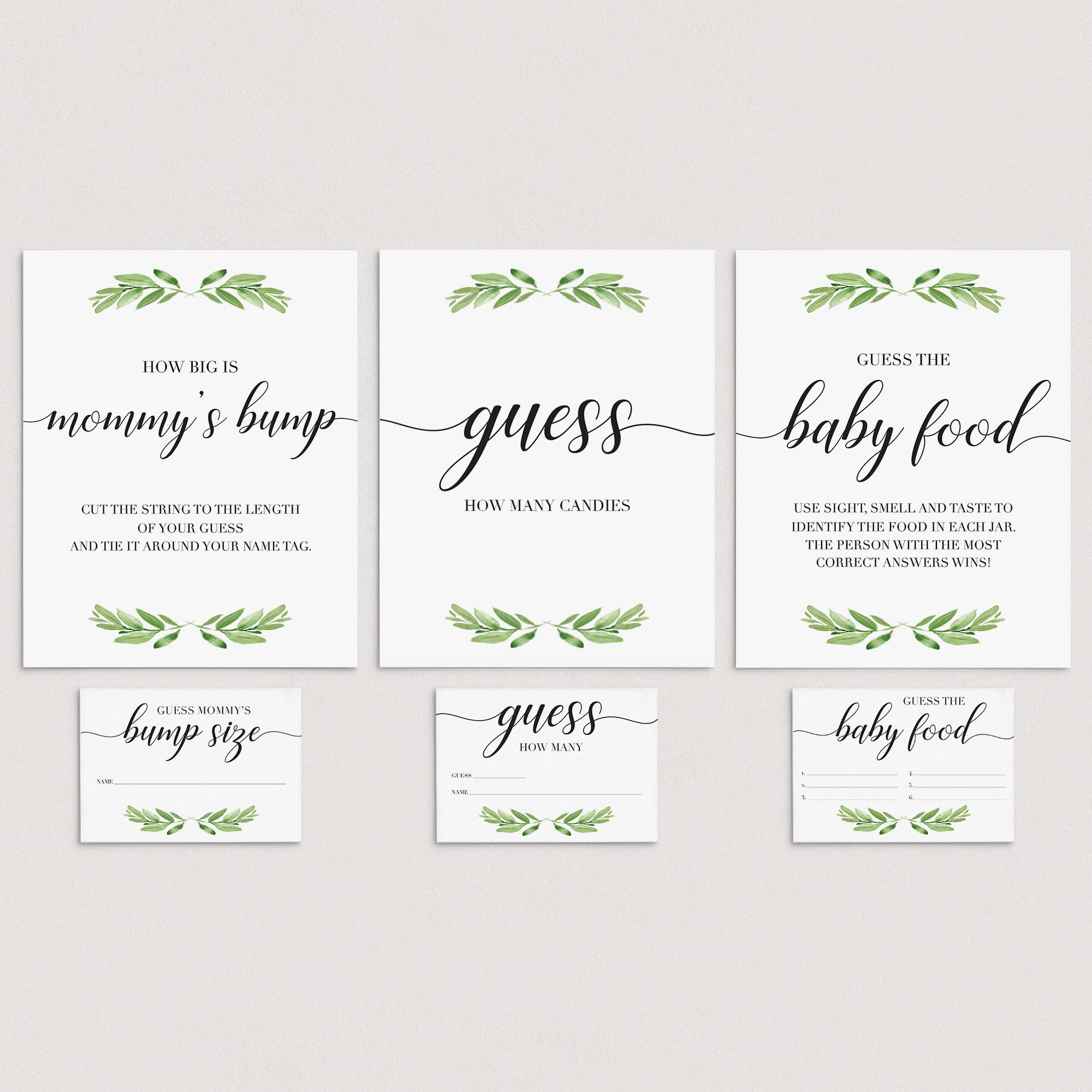Greenery baby shower guessing signs and cards printables by LittleSizzle