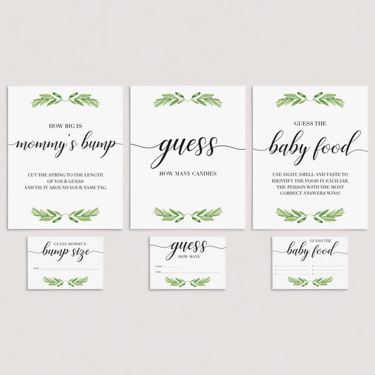 Greenery baby shower guessing signs and cards printables by LittleSizzle