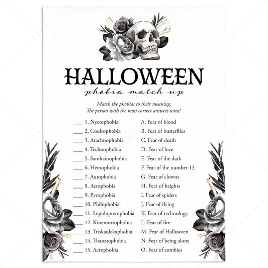 Skull Halloween Party Game Phobia Match with Answers Printable by LittleSizzle