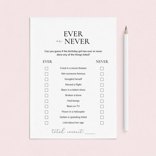 Birthday Icebreaker Game for Her Ever or Never Printable by LittleSizzle