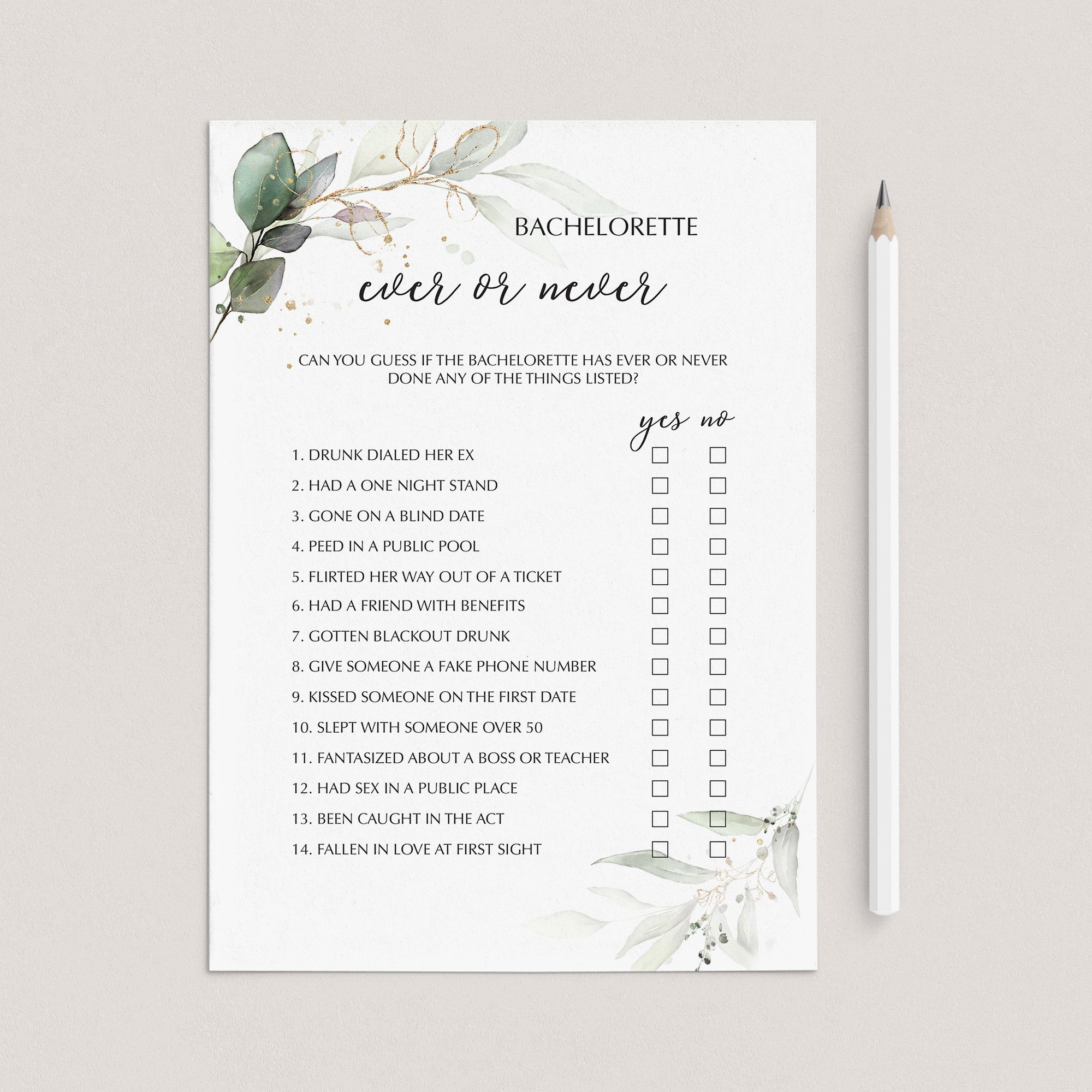 Ever or Never Bachelorette Party Game Greenery Gold by LittleSizzle