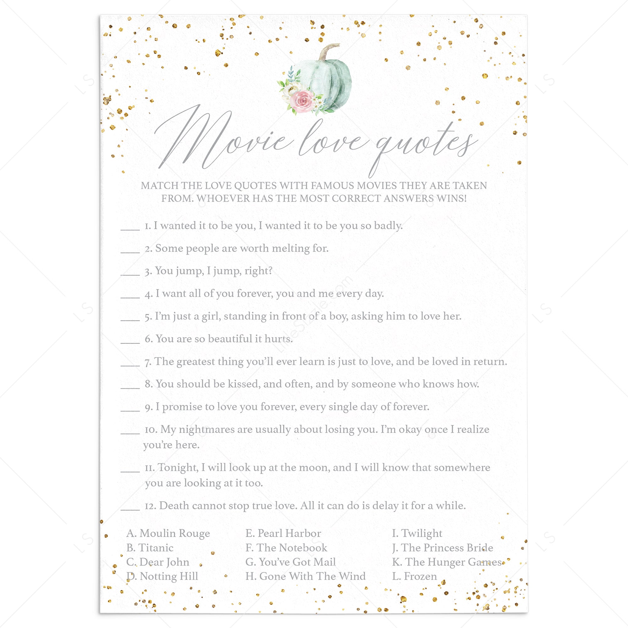 Autumn BridalShower Games Romantic Movie Trivia by LittleSizzle