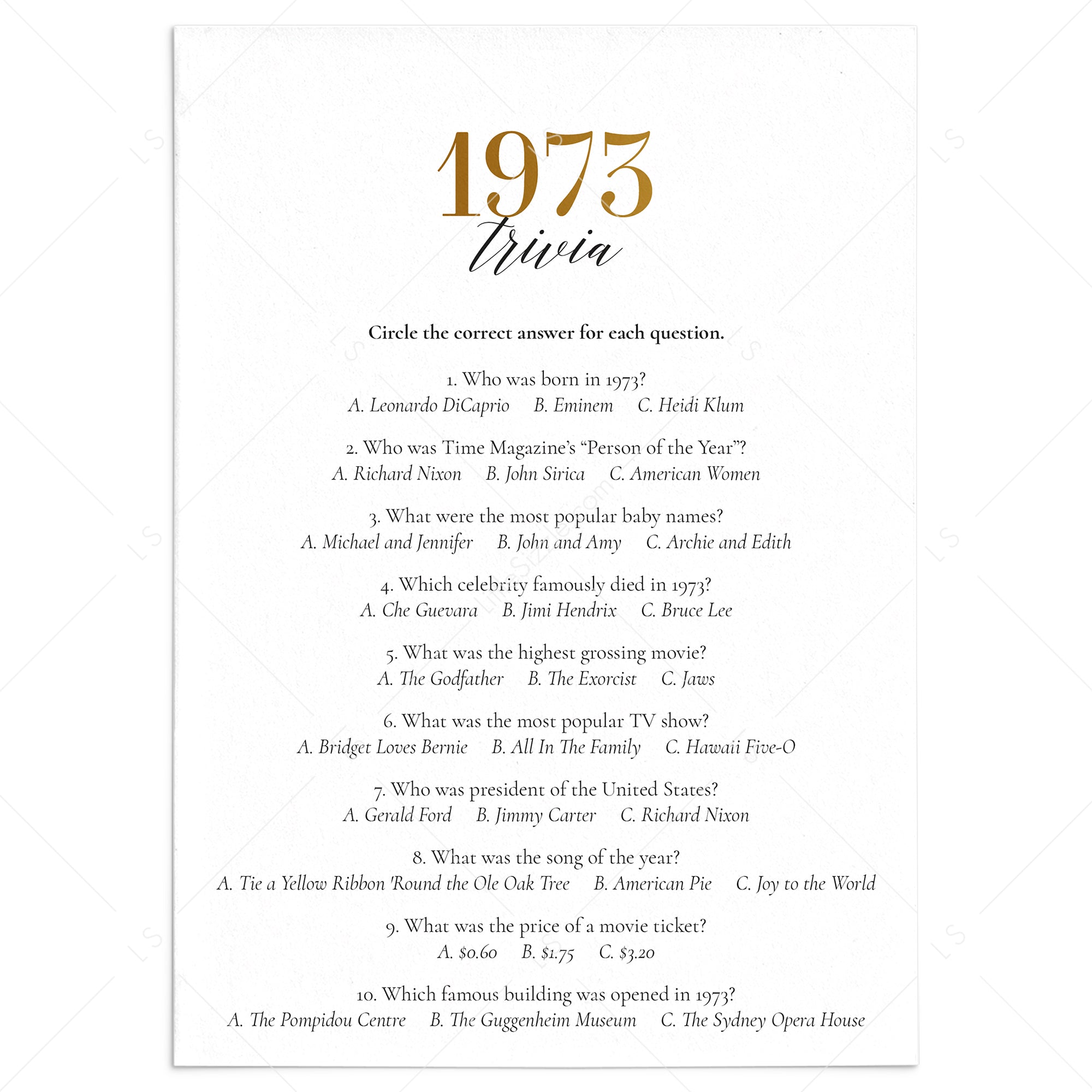 Gold 1973 Trivia Questions with Answers Printable | Instant Download