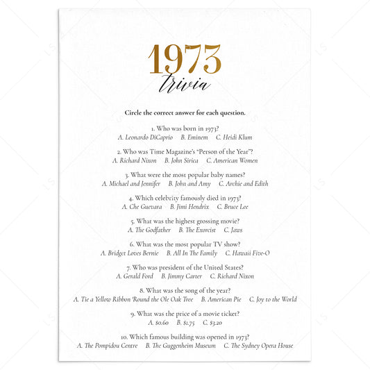 Gold 1973 Trivia Questions with Answers Printable by LittleSizzle