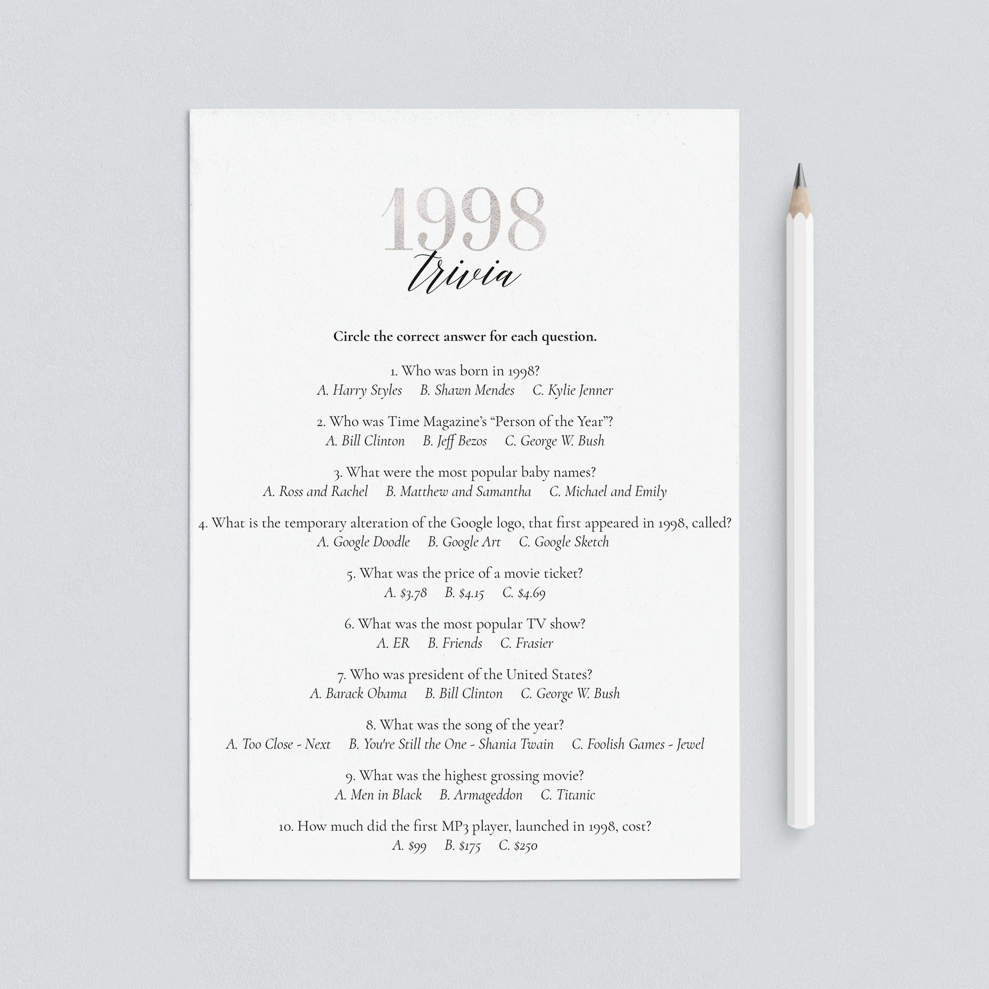 Silver 1998 Trivia Quiz with Answers Printable by LittleSizzle