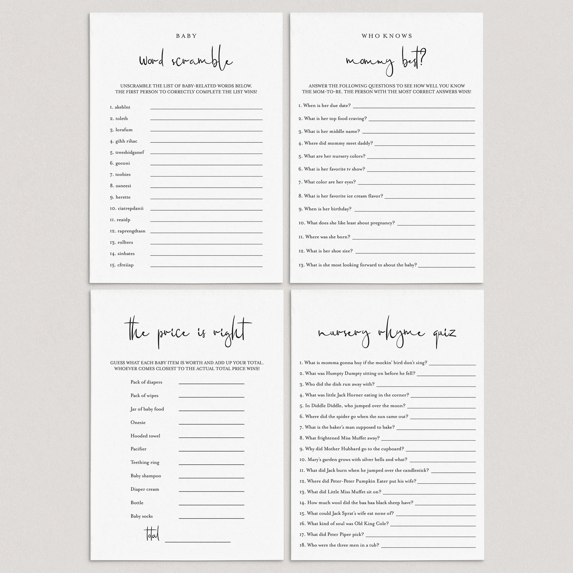 Minimalist Baby Shower Games Pack Download by LittleSizzle