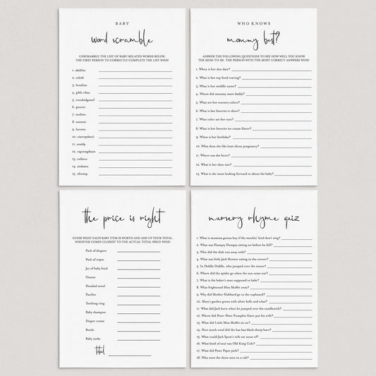 Minimalist Baby Shower Games Pack Download by LittleSizzle