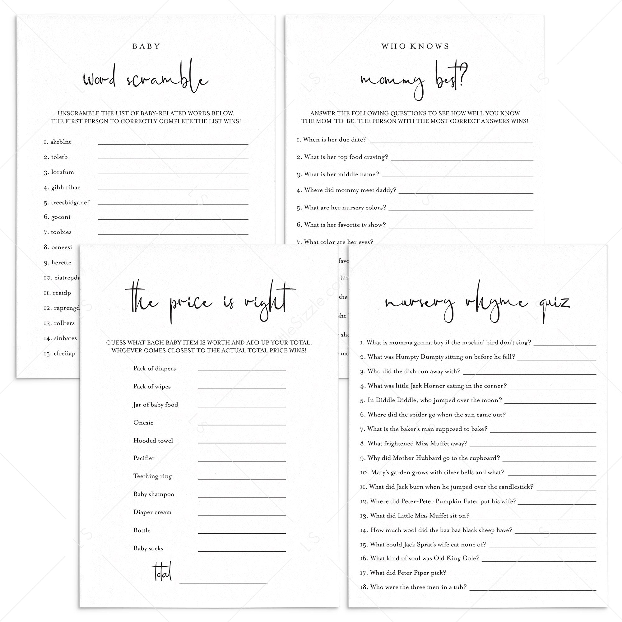 Minimalist Baby Shower Games Pack Download by LittleSizzle