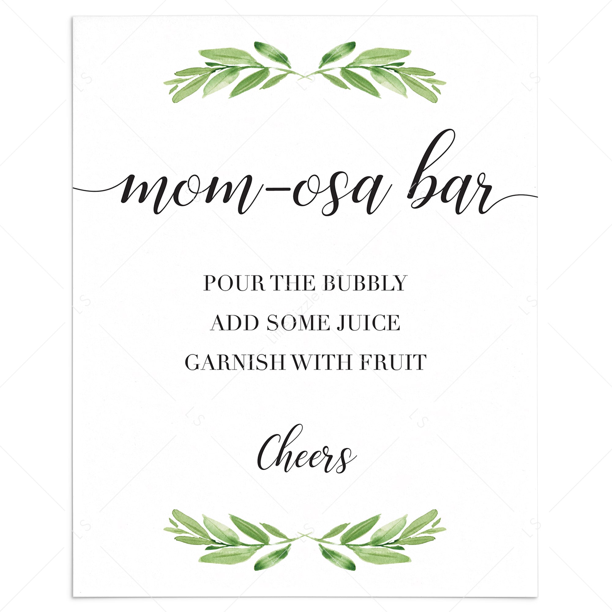 mom-osa bar sign for greenery themed baby shower printable by LittleSizzle