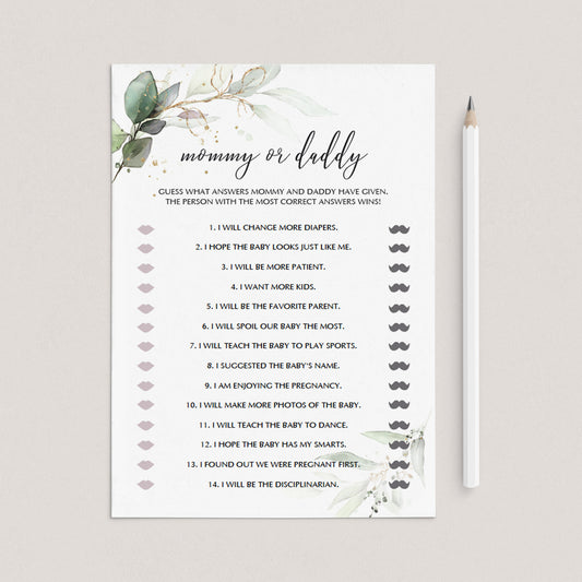 Mommy or Daddy Game Template for Greenery Gold Baby Shower by LittleSizzle