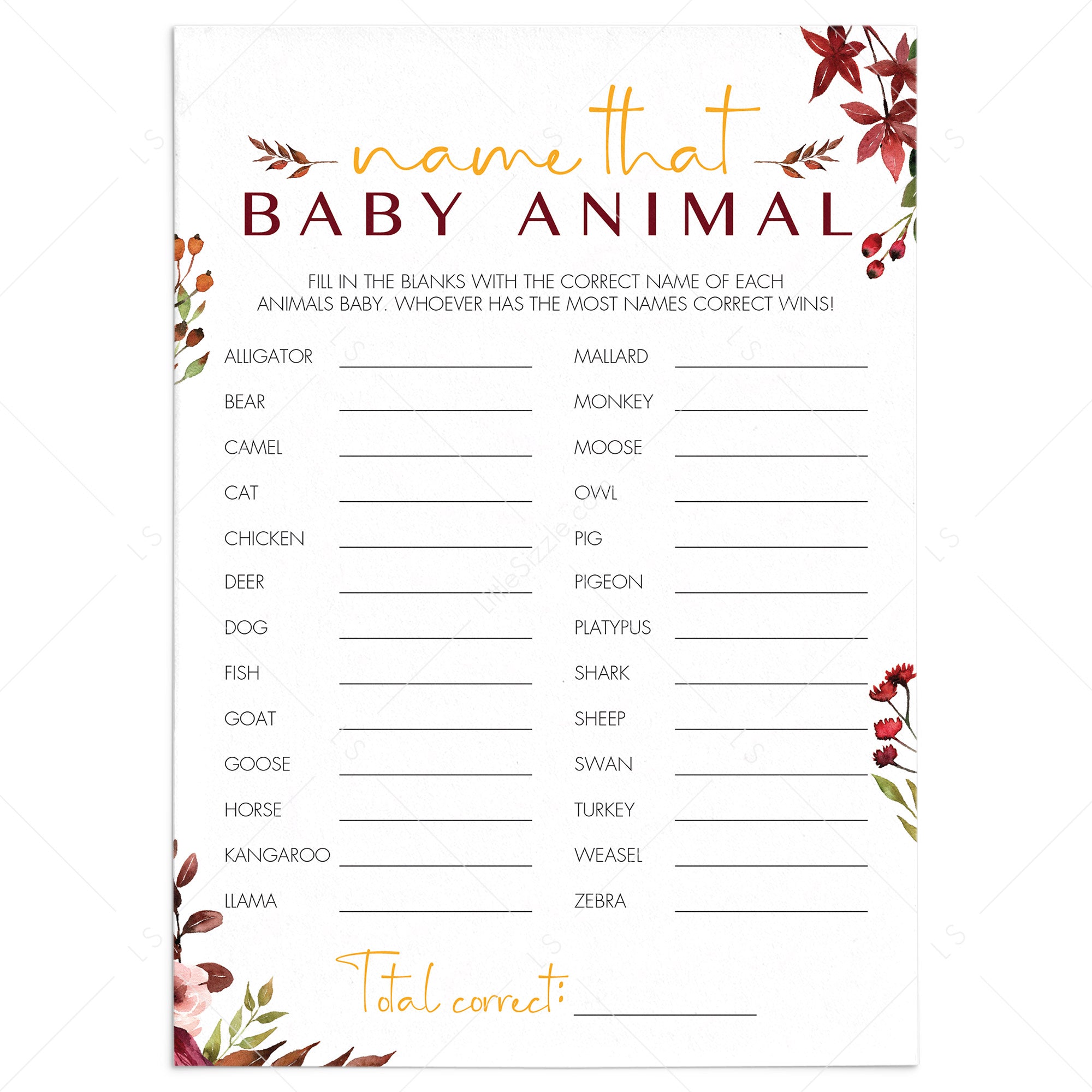 Autumn Themed BabyShower Game Name The Baby Animal Printable by LittleSizzle