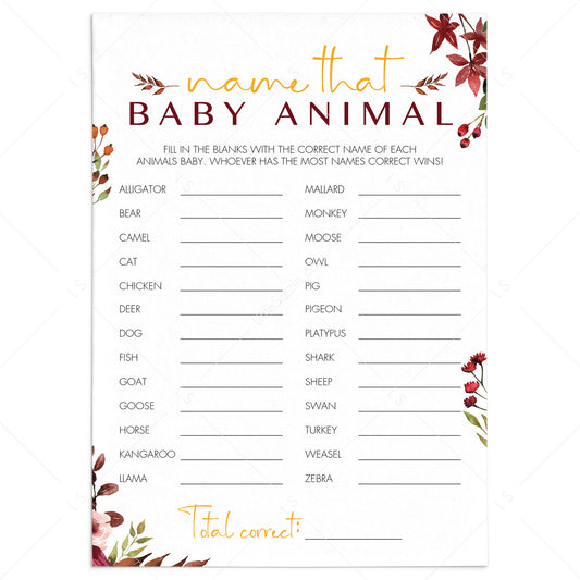 Autumn Themed BabyShower Game Name The Baby Animal Printable by LittleSizzle