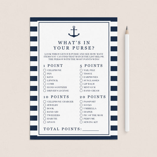 Printable baby shower game purse raid nautical theme by LittleSizzle