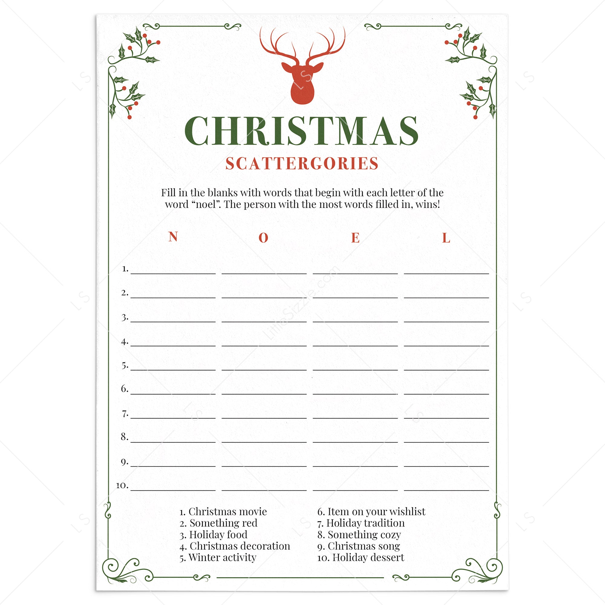 Vintage Christmas Party Game Scattergories Printable by LittleSizzle