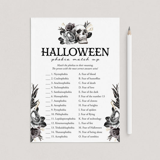 Skull Halloween Party Game Phobia Match with Answers Printable by LittleSizzle
