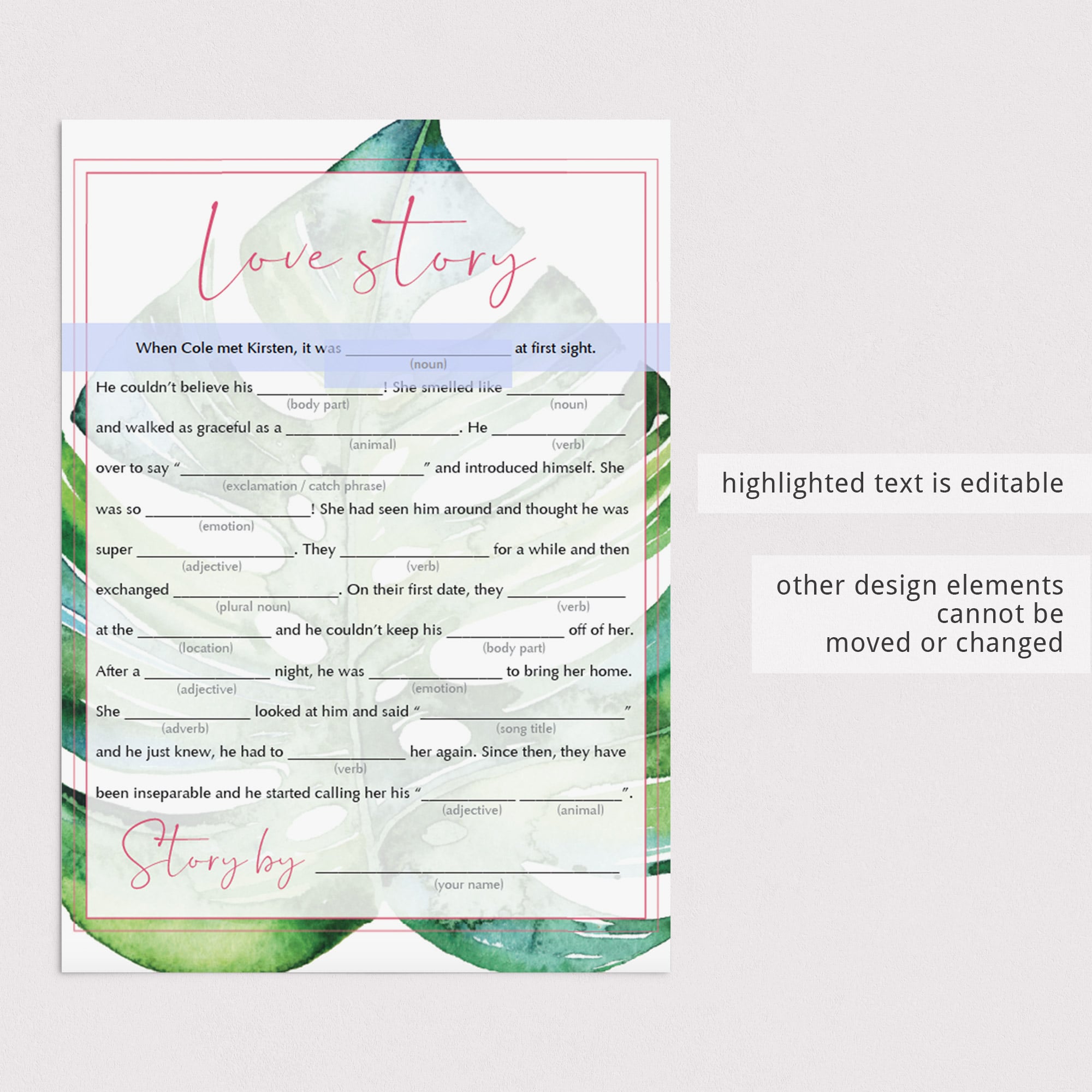 tropical wedding love story madlibs printable
