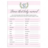 Girl baby shower animal name quiz printable by LittleSizzle