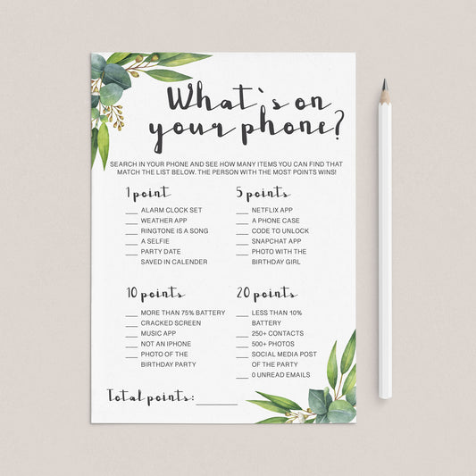 Whats On Your Phone Birthday Game Printable Eucalyptus Greenery by LittleSizzle