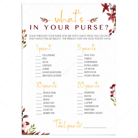Burgundy Wedding Shower Game What's In Your Purse by LittleSizzle