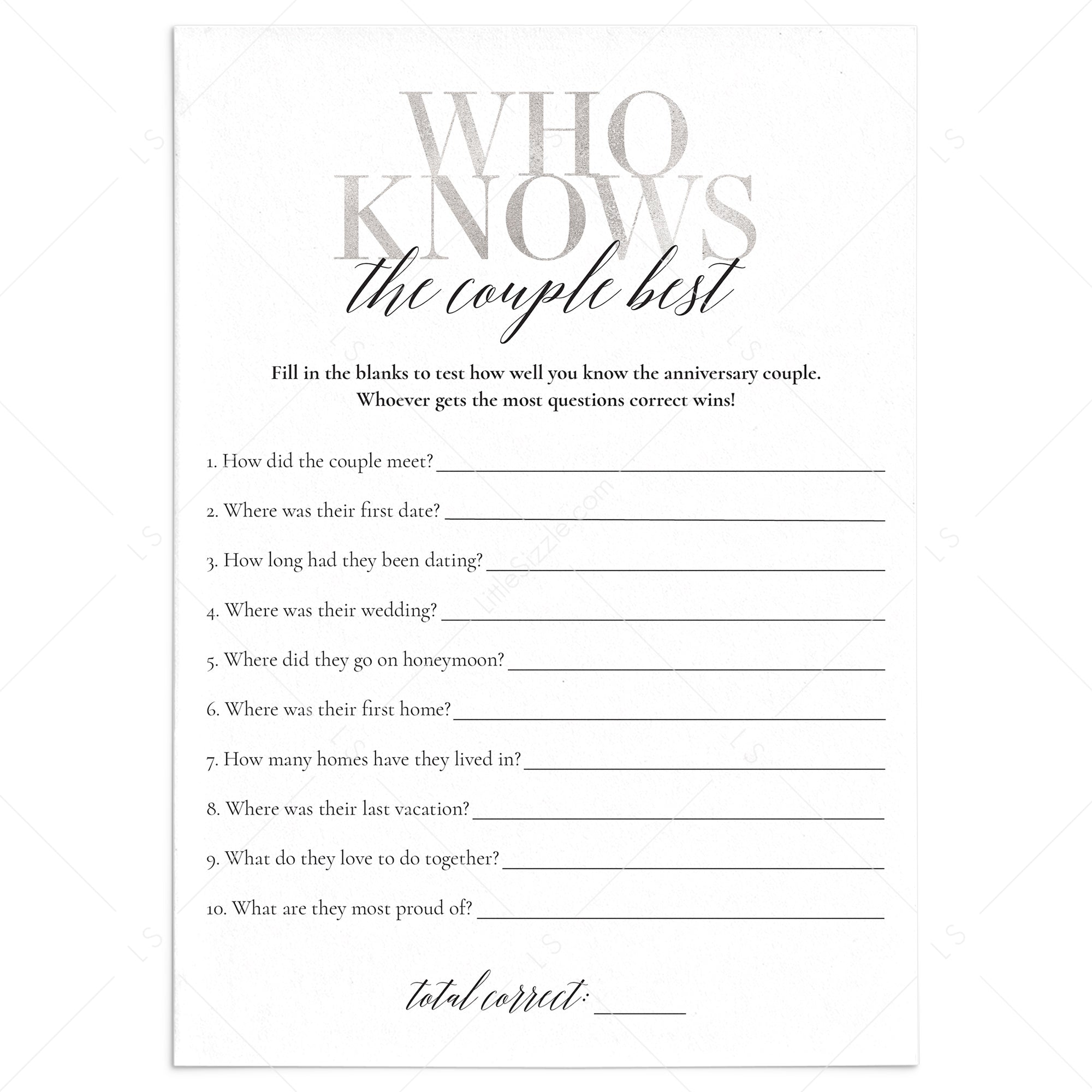 Silver Anniversary Party Game Who Knows The Couple Best by LittleSizzle