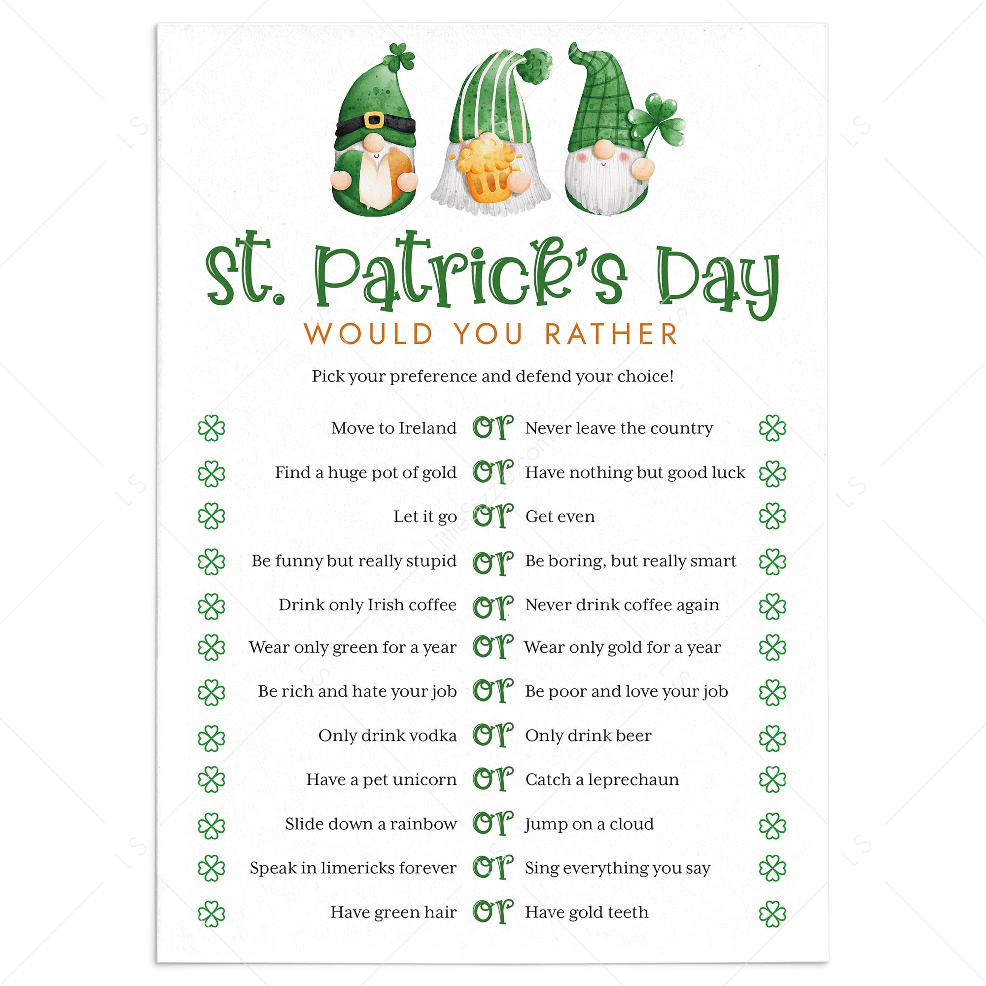 Printable St Patrick's Day Game for Adults Would You Rather by LittleSizzle