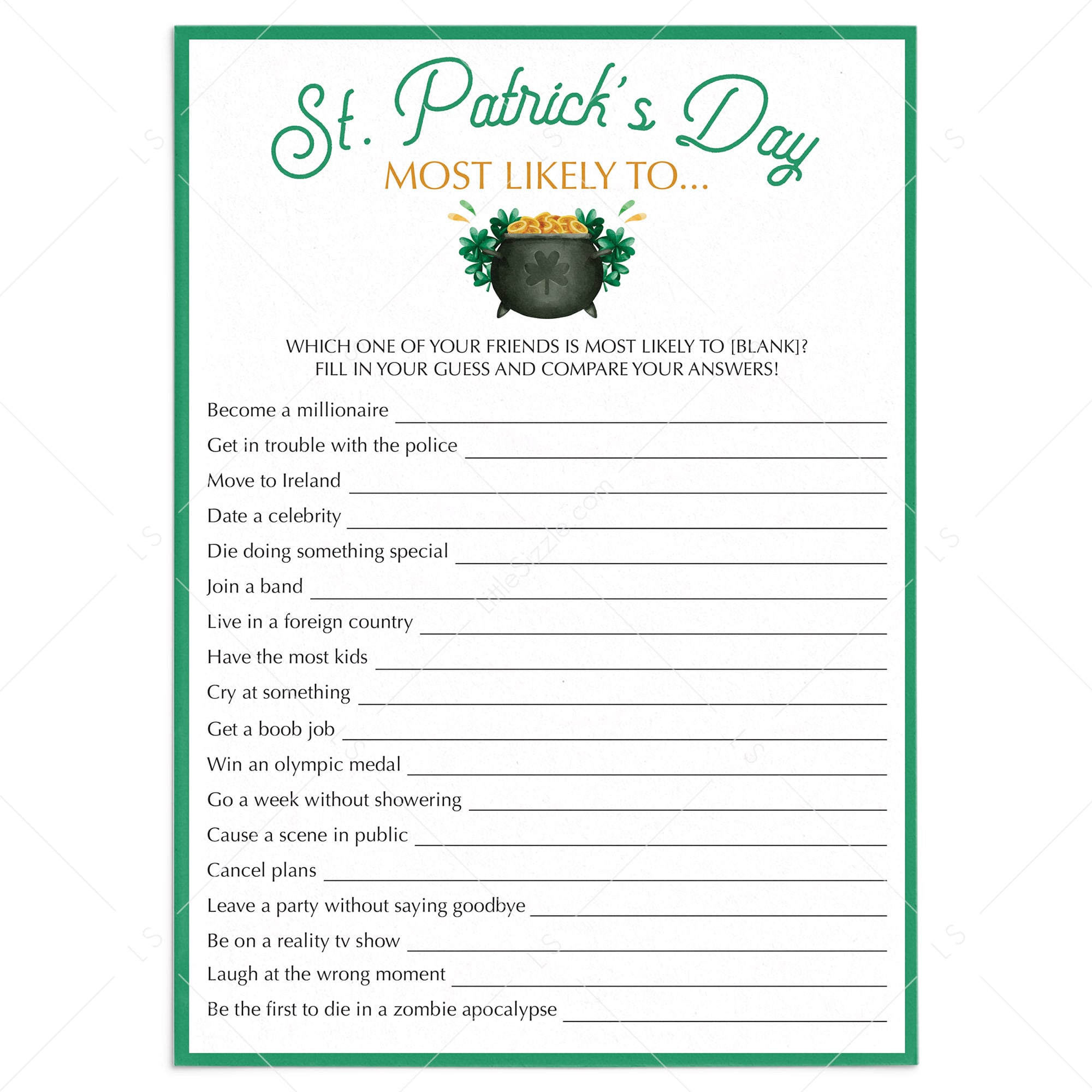 Fun St Patrick's Day Game Most Likely To by LittleSizzle