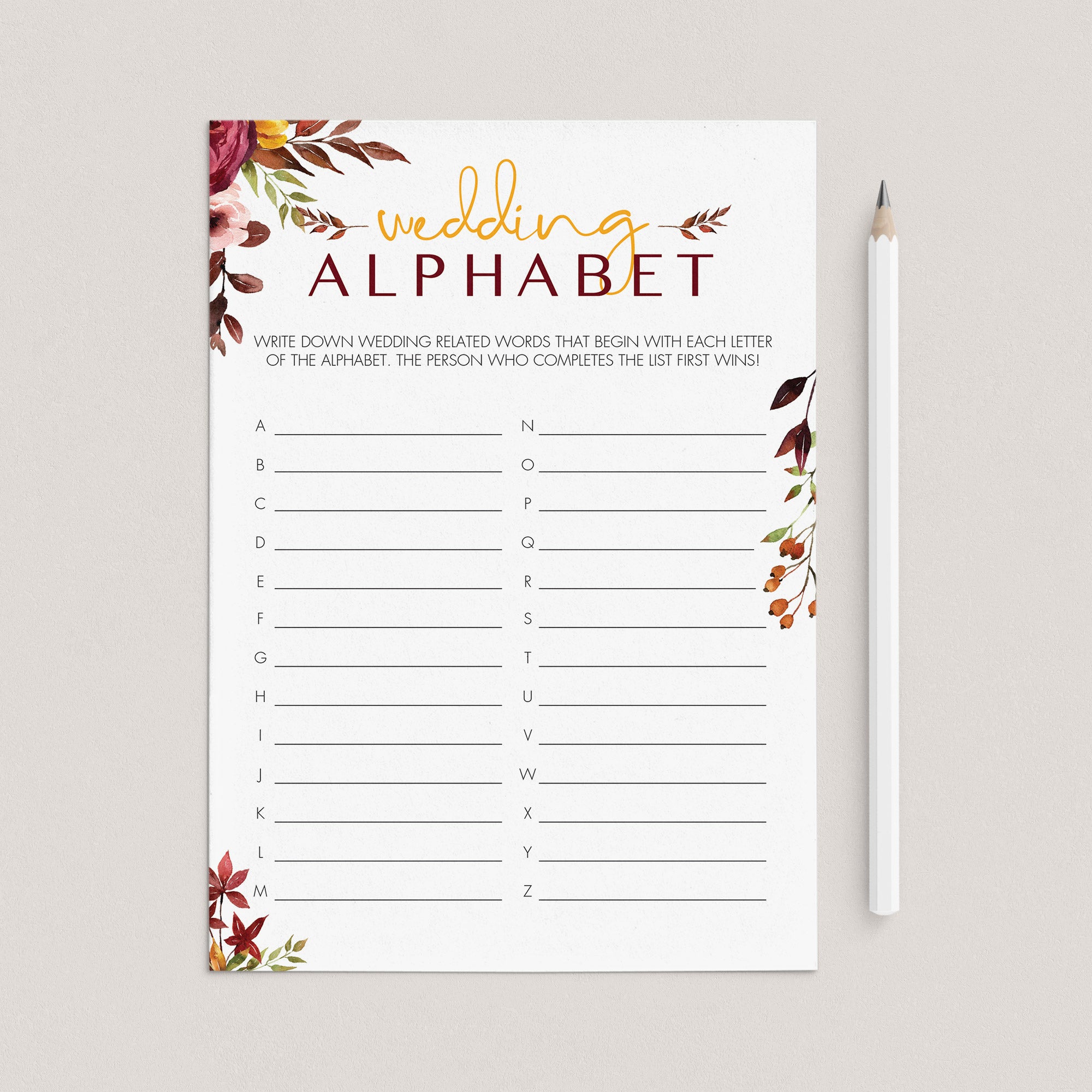 Boho Theme Wedding Shower Game Printable Wedding Alphabet by LittleSizzle