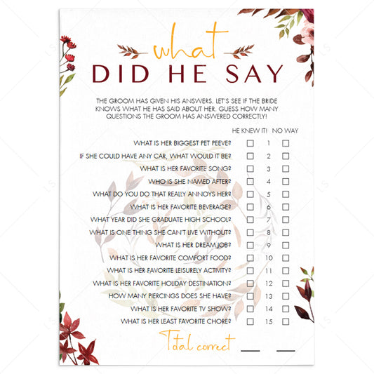 Fall Wedding Shower Game What Did He Say Editable Template by LittleSizzle