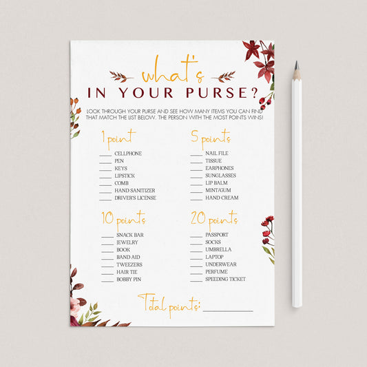 Burgundy Wedding Shower Game What's In Your Purse by LittleSizzle