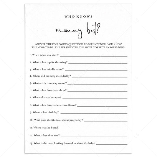 Who Knows Mommy Best Game Printable Minimalist by LittleSizzle