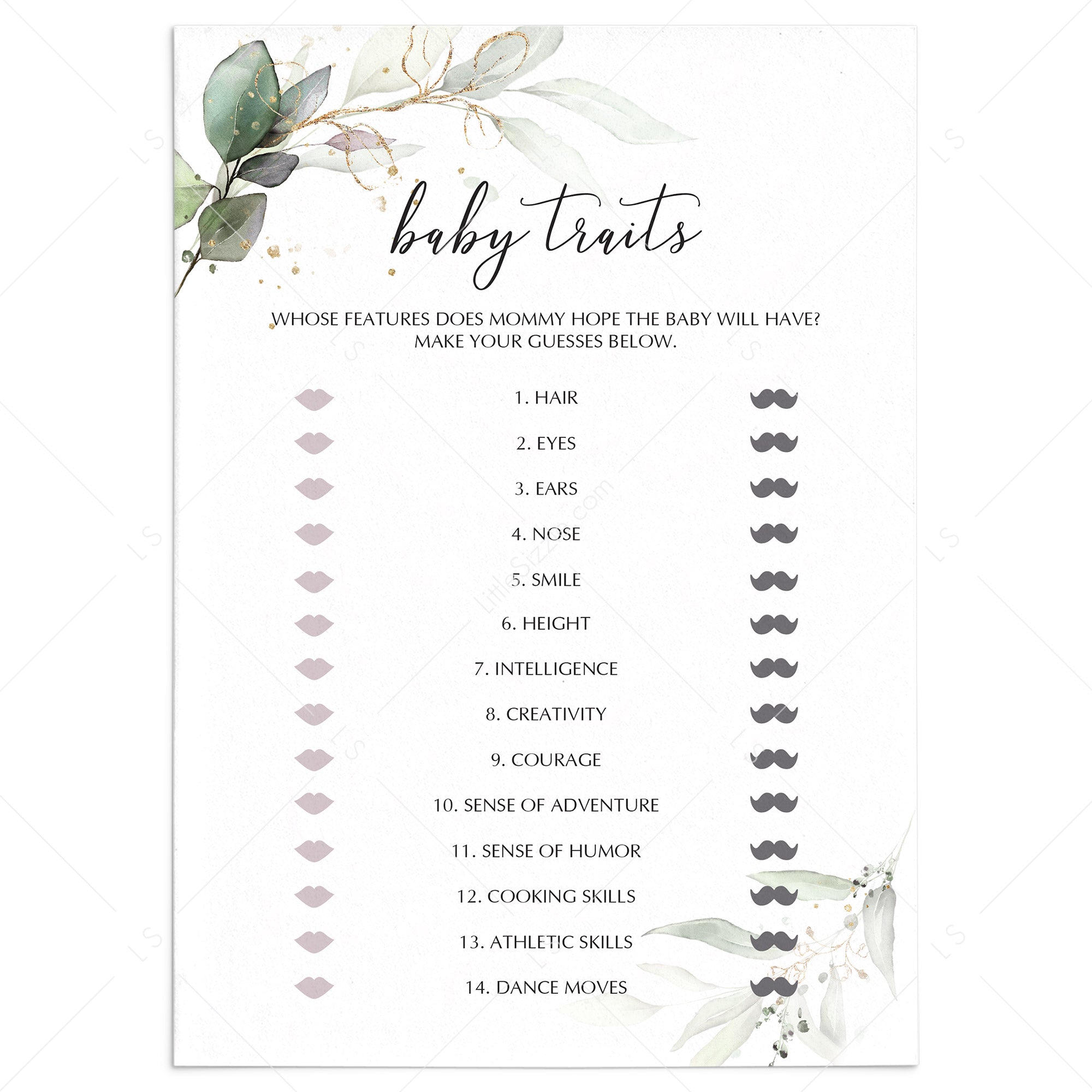 Gold and Greenery Theme Baby Shower Game Baby Traits Printable by LittleSizzle