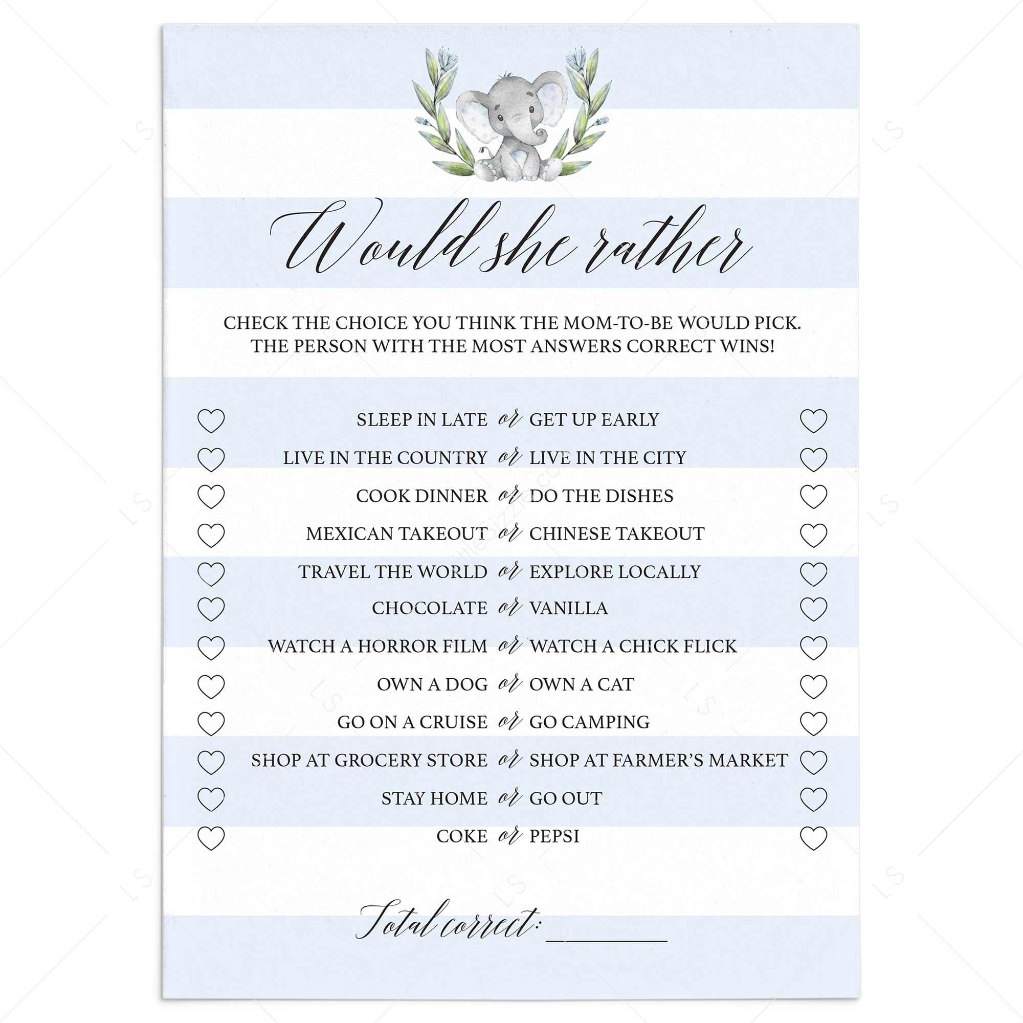 Boy baby shower game would she rather printable by LittleSizzle